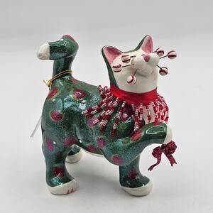 Whimsiclay Holly Berry Cat Sculpture-Handmade Figurine Christmas Winter Decor